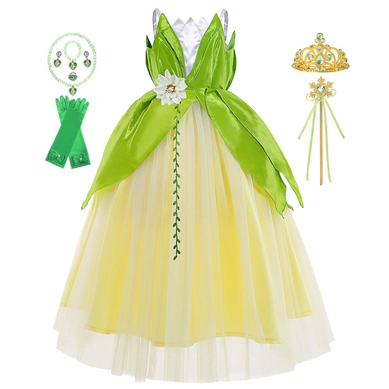 Disney The Princess and the Frog Cosplay Costume for Girls, Fancy Tiana Princess Dress Carnival Purim Party Kids Frock Clothing