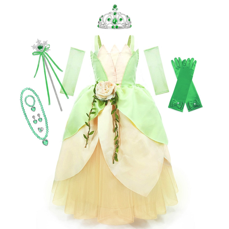 Tiana Princess Dress The Princess and the Frog Cosplay Flower Off Shoulder Clothing for Halloween Girl Kids Christmas Party