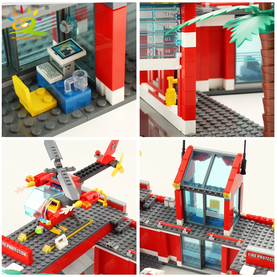 HUIQIBAO 774pcs Fire Station Model Building Blocks Truck Helicopter Firefighter Bricks City Educational Toys For Children Gift