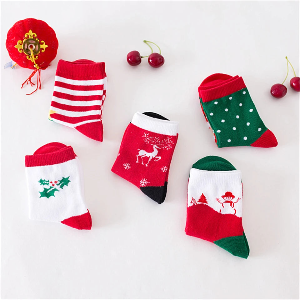 5Pairs Christmas 100% Cotton Baby Boys Girls Winter Socks New Year Striped Keep Warm Floor Anti-skid Children's Socks 2-12 Years