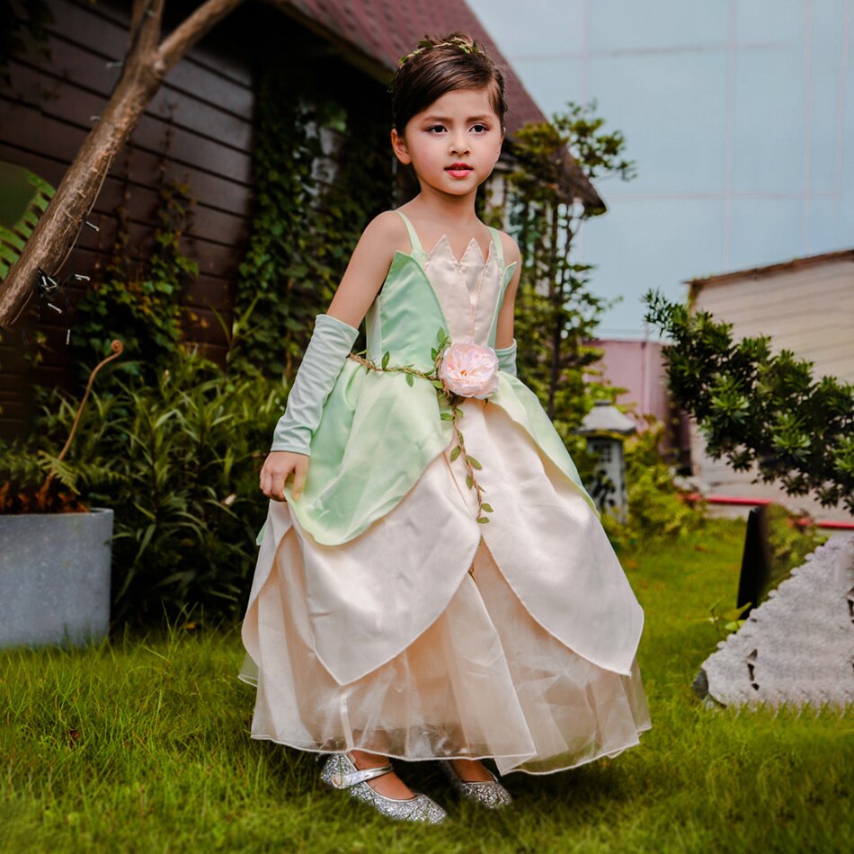 Tiana Princess Dress The Princess and the Frog Cosplay Flower Off Shoulder Clothing for Halloween Girl Kids Christmas Party