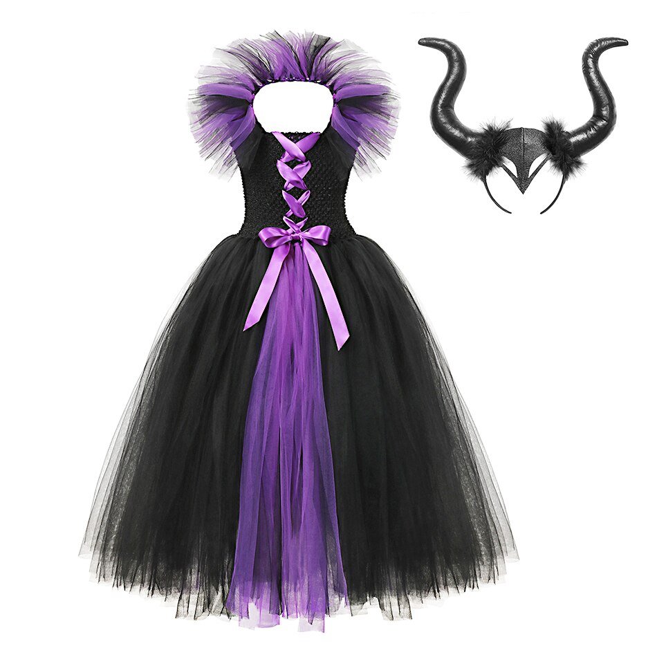 Witch Dress with Horns Halloween Evil Queen Fairy Costume for Girls