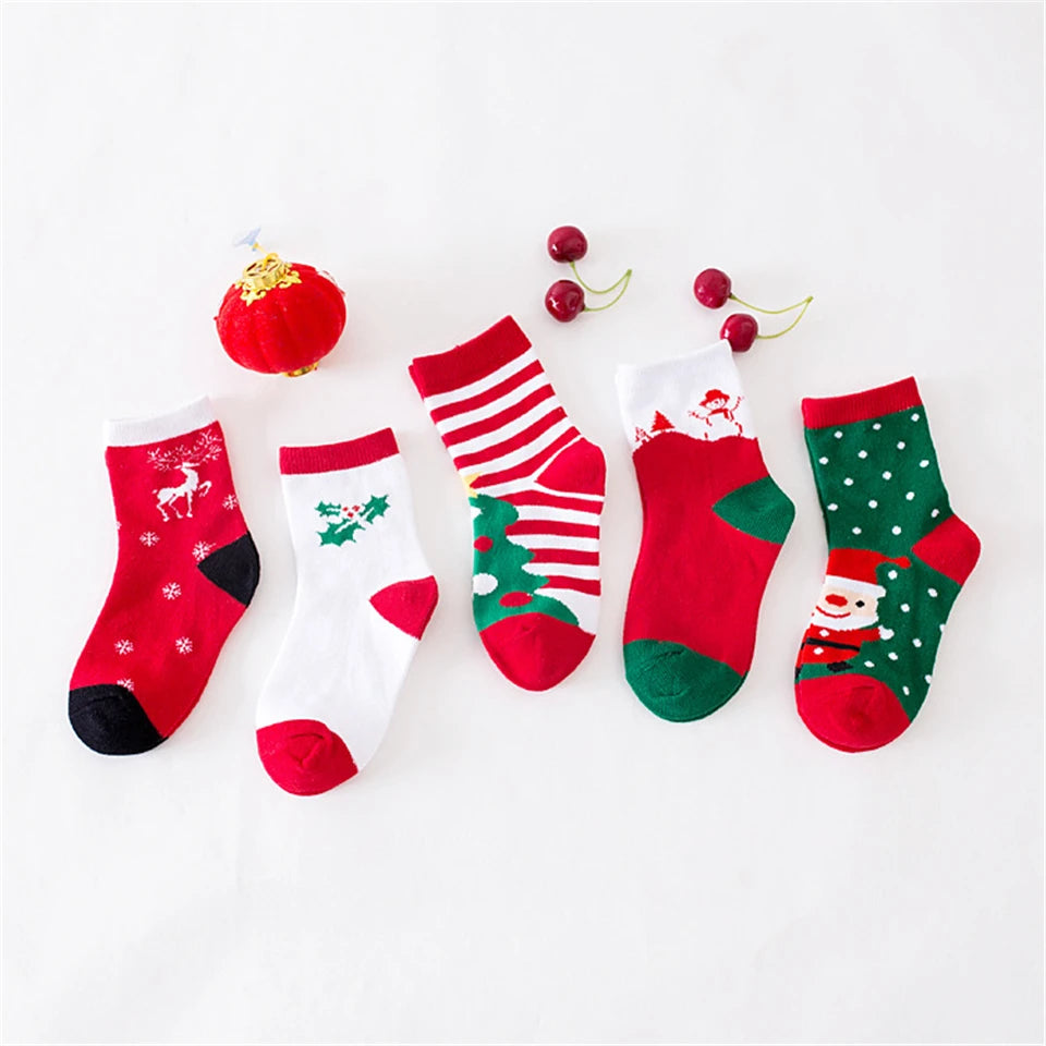 5Pairs Christmas 100% Cotton Baby Boys Girls Winter Socks New Year Striped Keep Warm Floor Anti-skid Children's Socks 2-12 Years