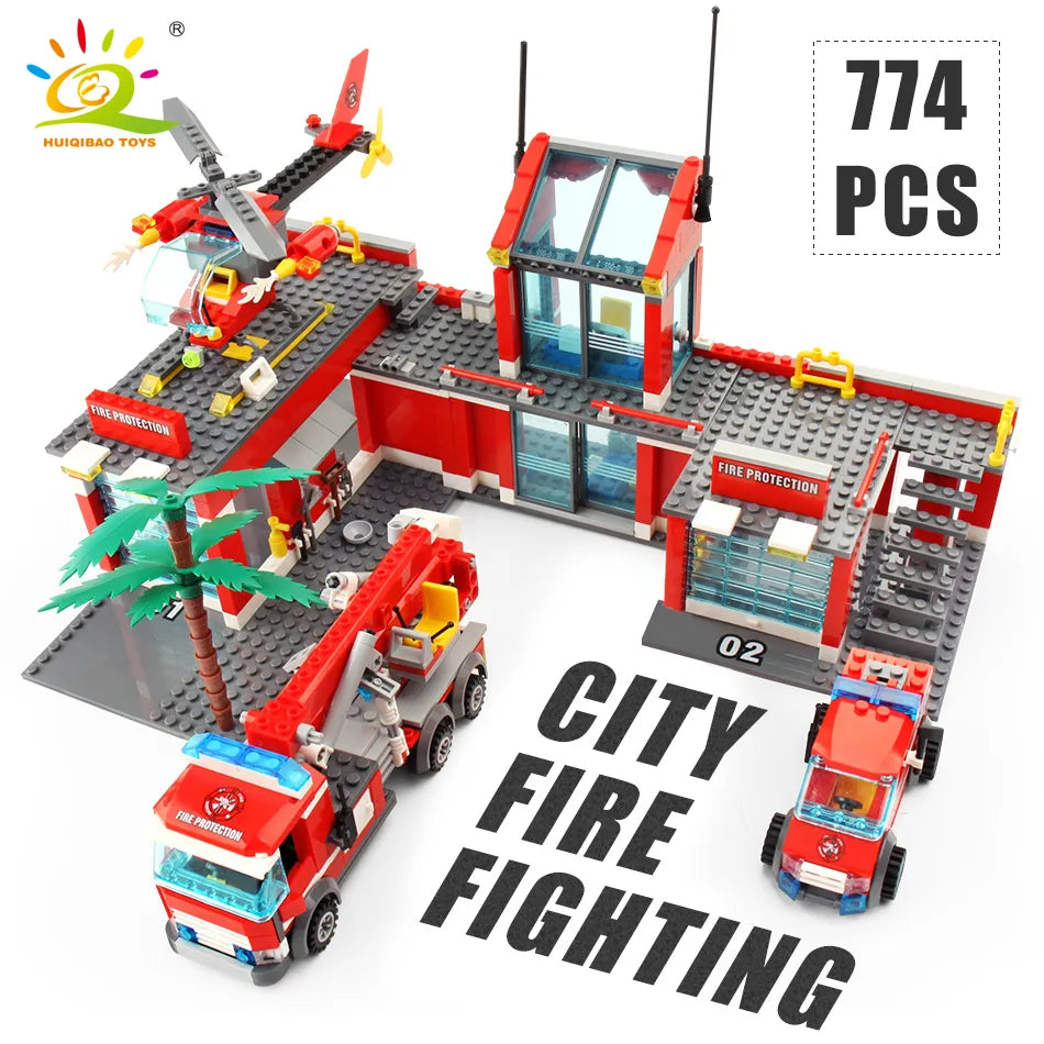 HUIQIBAO 774pcs Fire Station Model Building Blocks Truck Helicopter Firefighter Bricks City Educational Toys For Children Gift