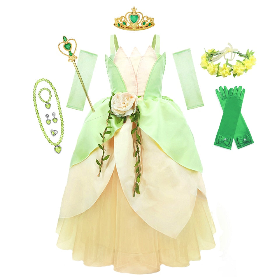 Tiana Princess Dress The Princess and the Frog Cosplay Flower Off Shoulder Clothing for Halloween Girl Kids Christmas Party