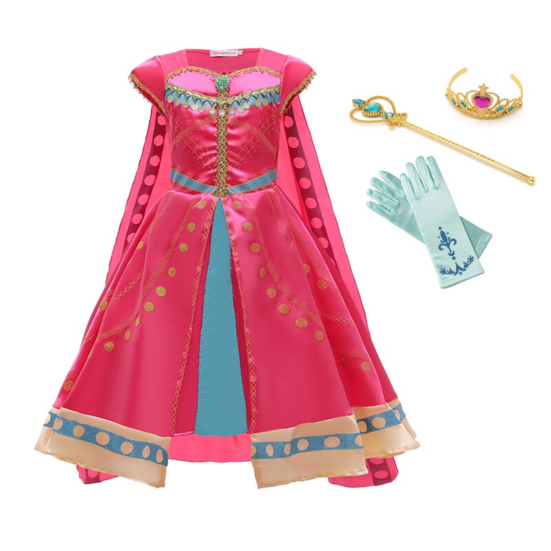 Aladdin Girls Fancy Princess Dresses For Halloween Party, Jasmine Cosplay Costume With Cloak 2-10 Years Old