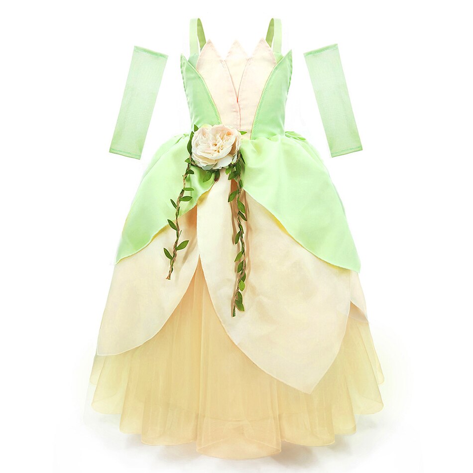 Tiana Princess Dress The Princess and the Frog Cosplay Flower Off Shoulder Clothing for Halloween Girl Kids Christmas Party