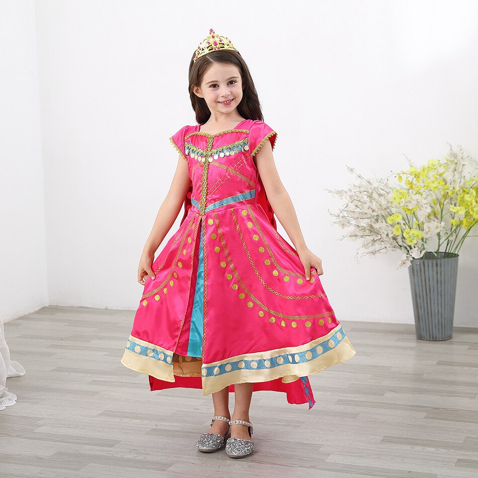 Aladdin Girls Fancy Princess Dresses For Halloween Party, Jasmine Cosplay Costume With Cloak 2-10 Years Old