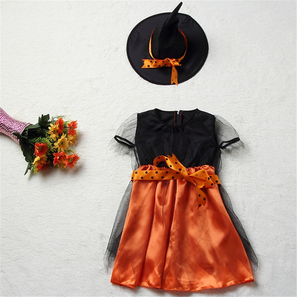 Children Girls Halloween Cosplay Witch Costume Teens Baby Girl Gown Infant Witch Dress Clothing Set Hat Pumpkin Bag