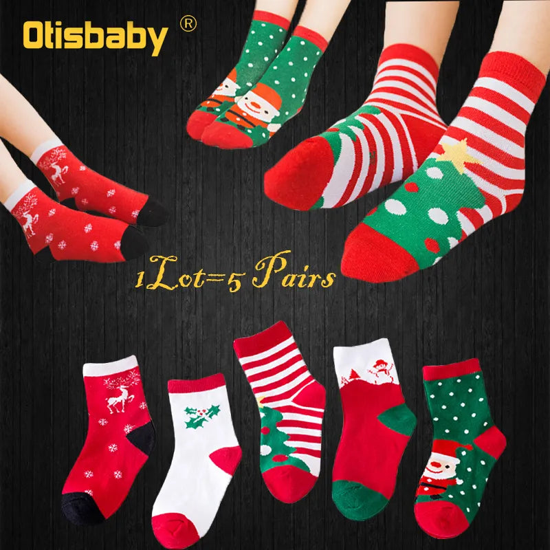 5Pairs Christmas 100% Cotton Baby Boys Girls Winter Socks New Year Striped Keep Warm Floor Anti-skid Children's Socks 2-12 Years