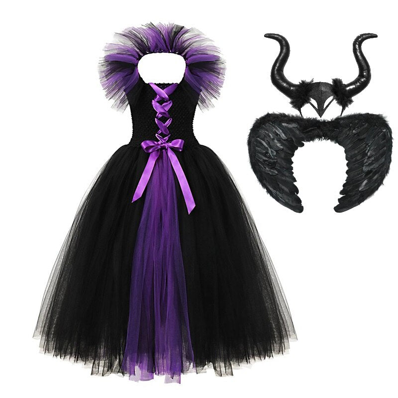 Witch Dress with Horns Halloween Evil Queen Fairy Costume for Girls