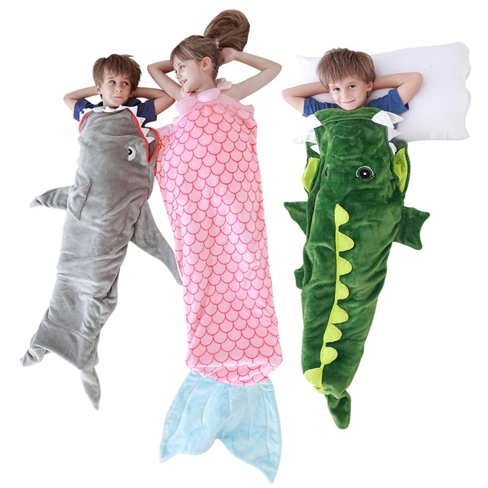 Children Cartoon Blanket Thick Mermaid Tail Baby Sleeping Bag One-Piece Warm Soft Lazy Play Sleepsack Birthday Christmas Gifts