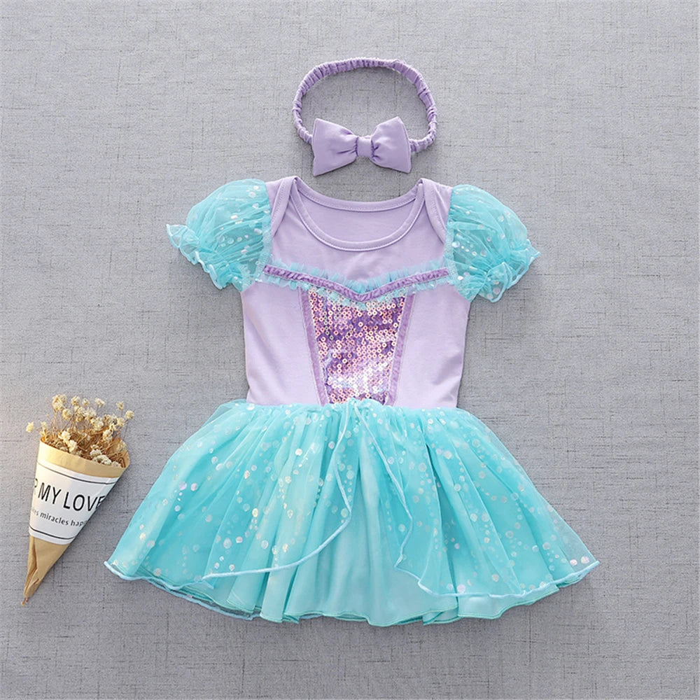 Fancy Fairy Baby Romper Elsa Ariel Belle Rapunzel Princess Costume 1 Year Birthday Tutu Dress Lace Headband Christening Baptism