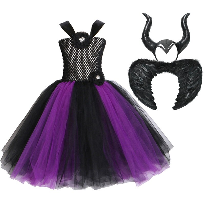 Witch Dress with Horns Halloween Evil Queen Fairy Costume for Girls