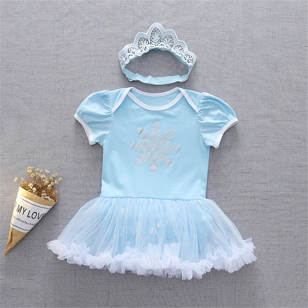 Fancy Fairy Baby Romper Elsa Ariel Belle Rapunzel Princess Costume 1 Year Birthday Tutu Dress Lace Headband Christening Baptism