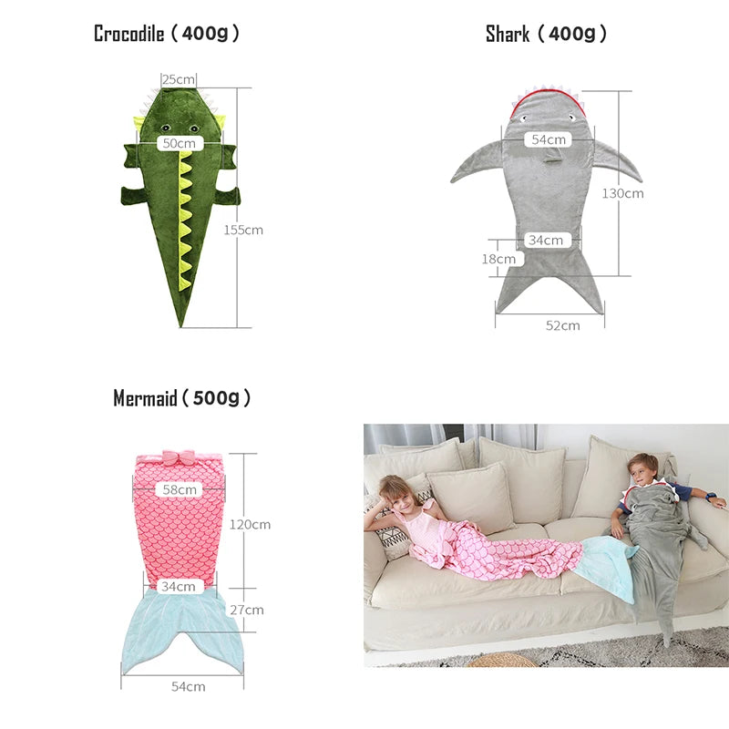 Children Cartoon Blanket Thick Mermaid Tail Baby Sleeping Bag One-Piece Warm Soft Lazy Play Sleepsack Birthday Christmas Gifts