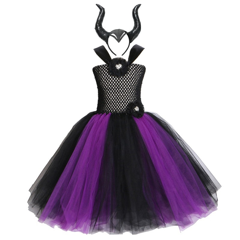 Witch Dress with Horns Halloween Evil Queen Fairy Costume for Girls