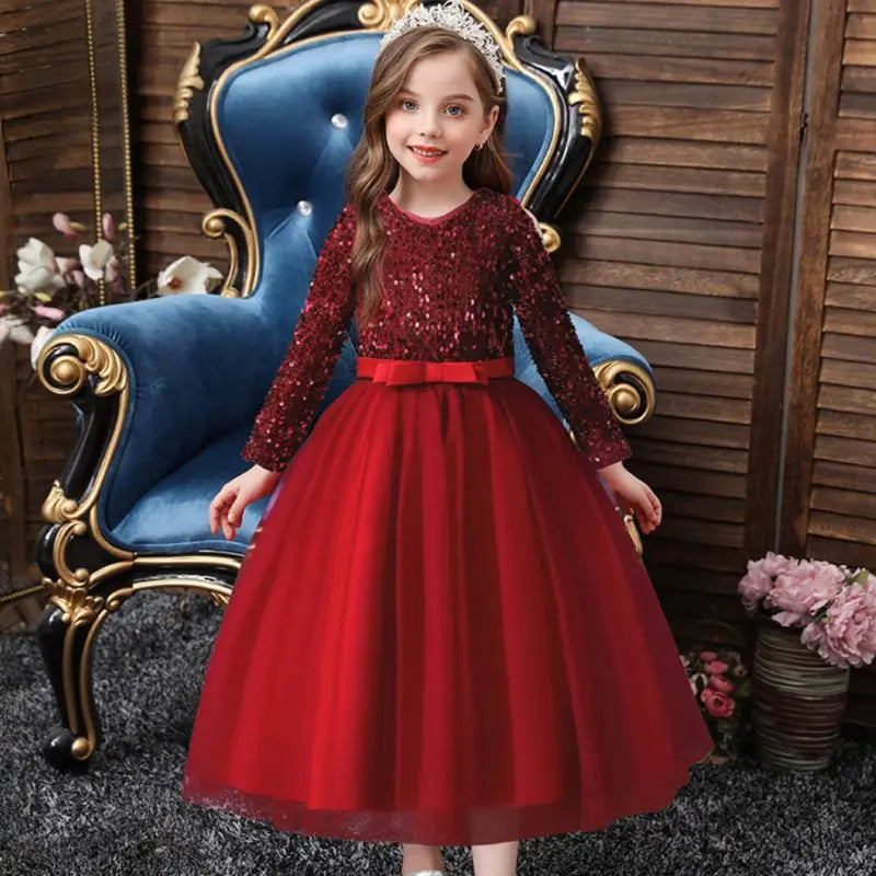 Princess Mesh Dress 4-14y Girl Christmas Winter Party Clothing Kids Sequin Wedding Dresses Children Spring Autumn Prom Costume