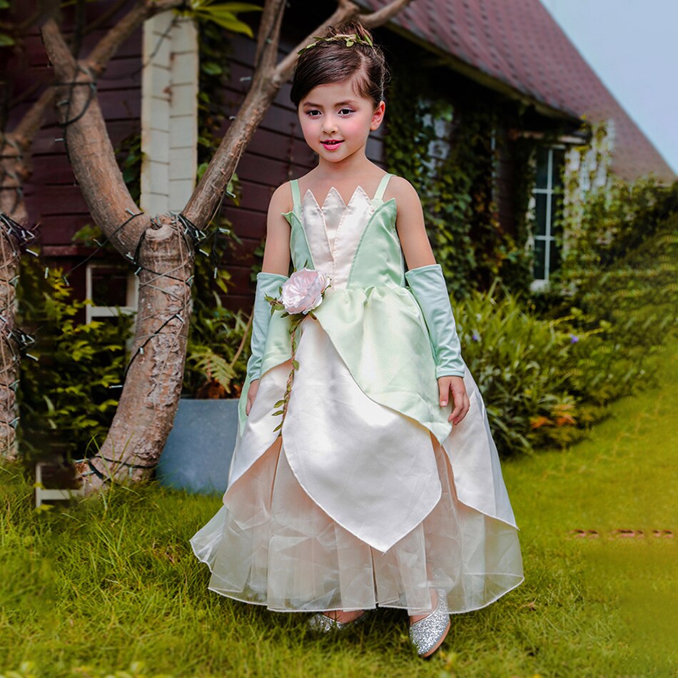 Tiana Princess Dress The Princess and the Frog Cosplay Flower Off Shoulder Clothing for Halloween Girl Kids Christmas Party