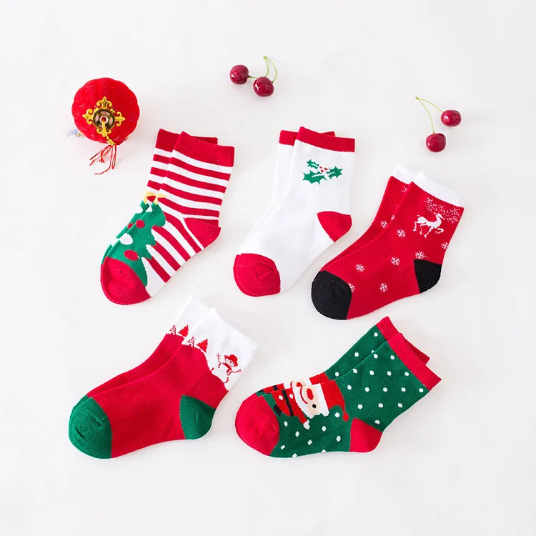 5Pairs Christmas 100% Cotton Baby Boys Girls Winter Socks New Year Striped Keep Warm Floor Anti-skid Children's Socks 2-12 Years