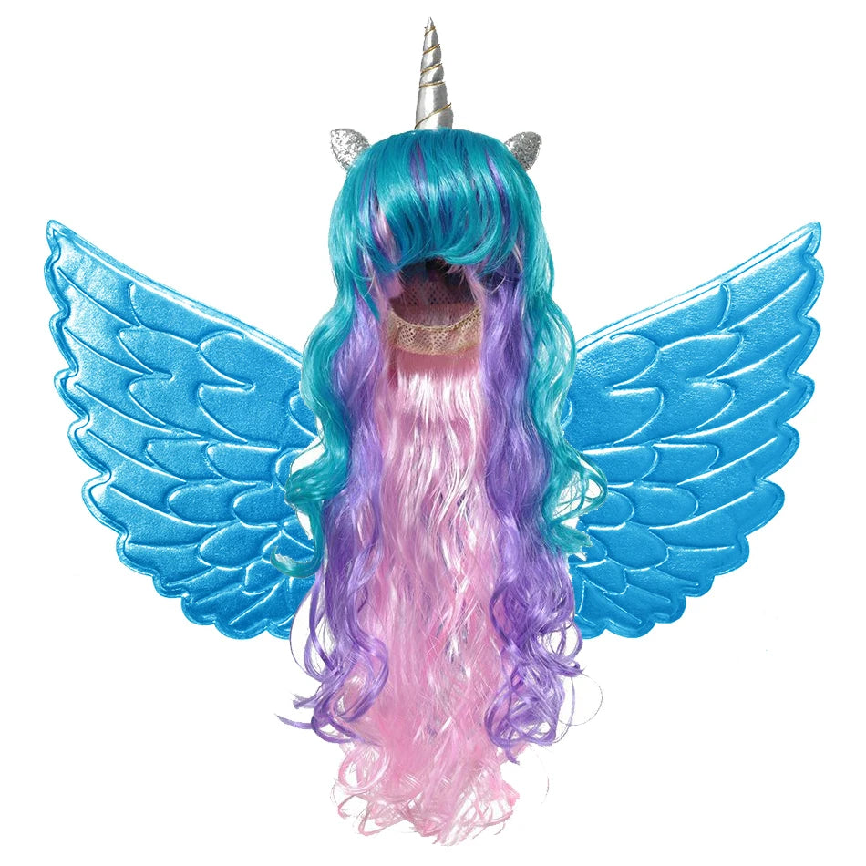 Cute Unicorn Wigs Long Wavy Unicorn Wigs Fake Hair Cosplay With Horn Synthetic Wigs Decor Unicorn Party Birthday Decoration