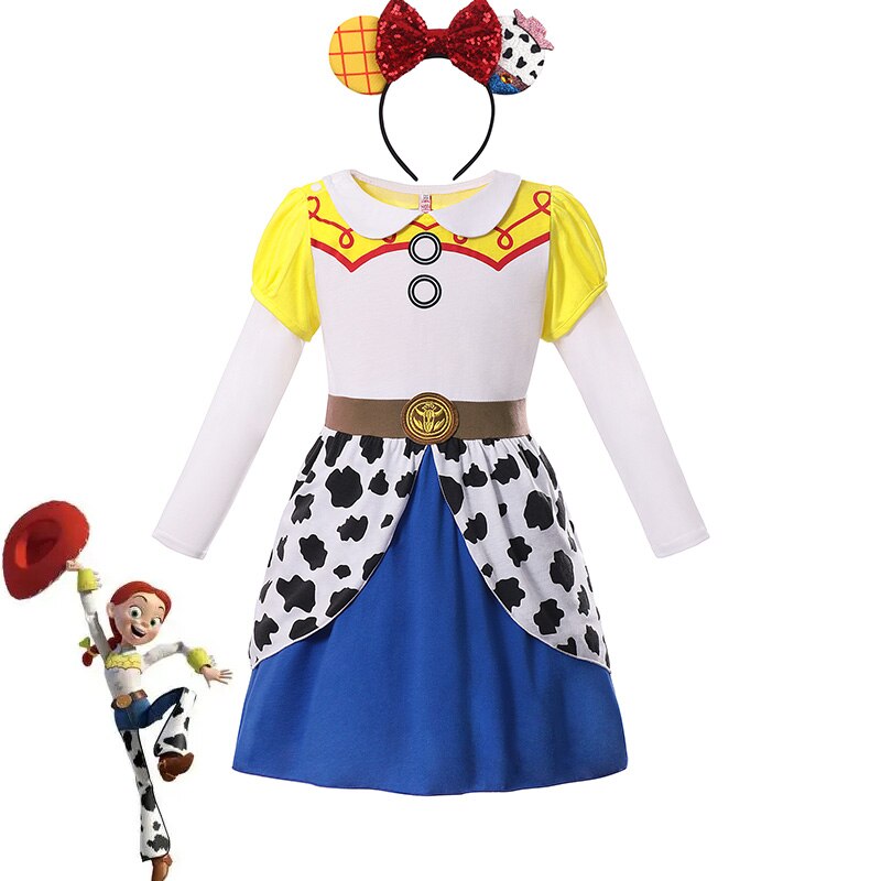 Disney Toy Story 4 Jessie Cosplay Carnival Princess Dress Long  Sleeves Girls Costume With Headband For Halloween Birthday Party