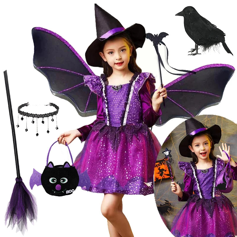 Halloween Cosplay Witch Costume for Girls With Hat Children Carnival Party Gown Infant Witch Dress Clothing  2024 Fancy Dress