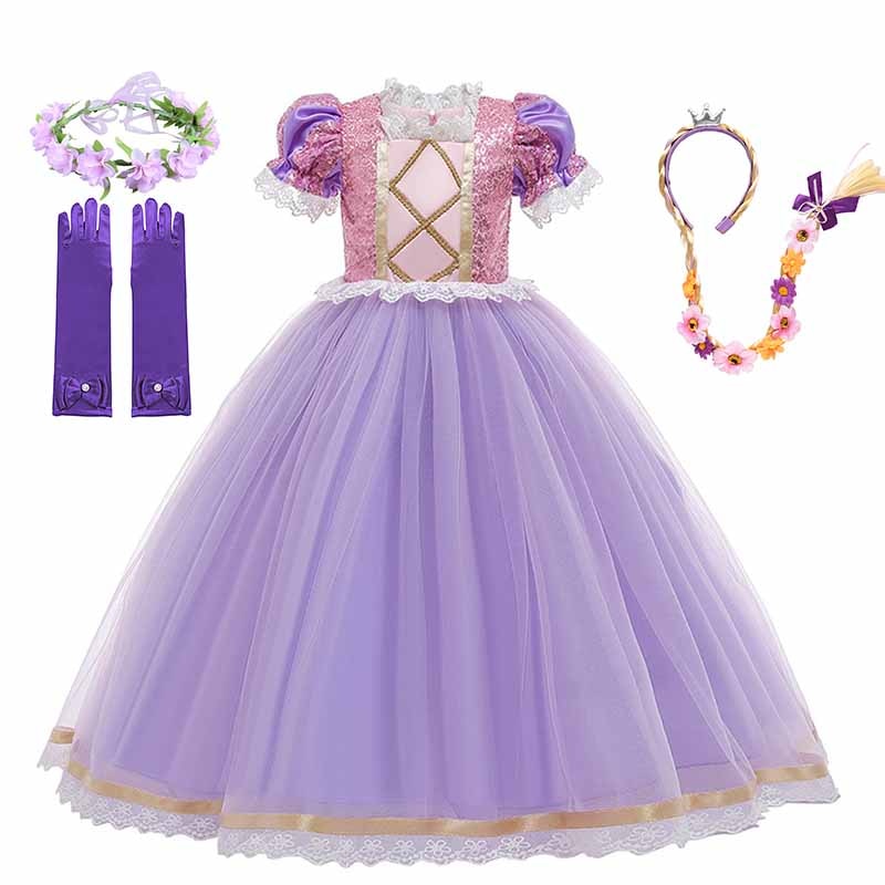 Disney Girls Cosplay Tangled Rapunzel Princess Dresses Kids Costume Fancy Purple Luxury Mesh Clothes Birthday Party Ball Gown