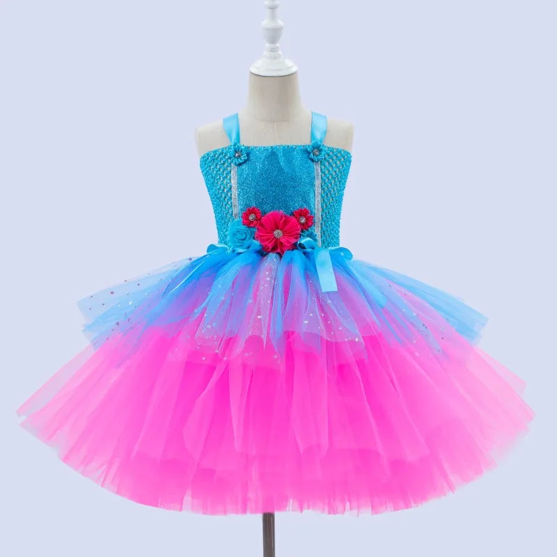 Trolls Tutu Dress for Girls Princess Poppy Birthday Costumes for Kids Magic Elves Halloween Dresses Girl Fairy Flower Outfits