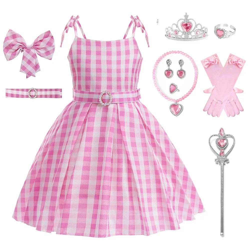 Children Barbie Cosplay Costume Girl Dress Sleeveless Princess Party Dresses Toddler Sweet Plaid Outfit for 3-12 Years Kids Girl