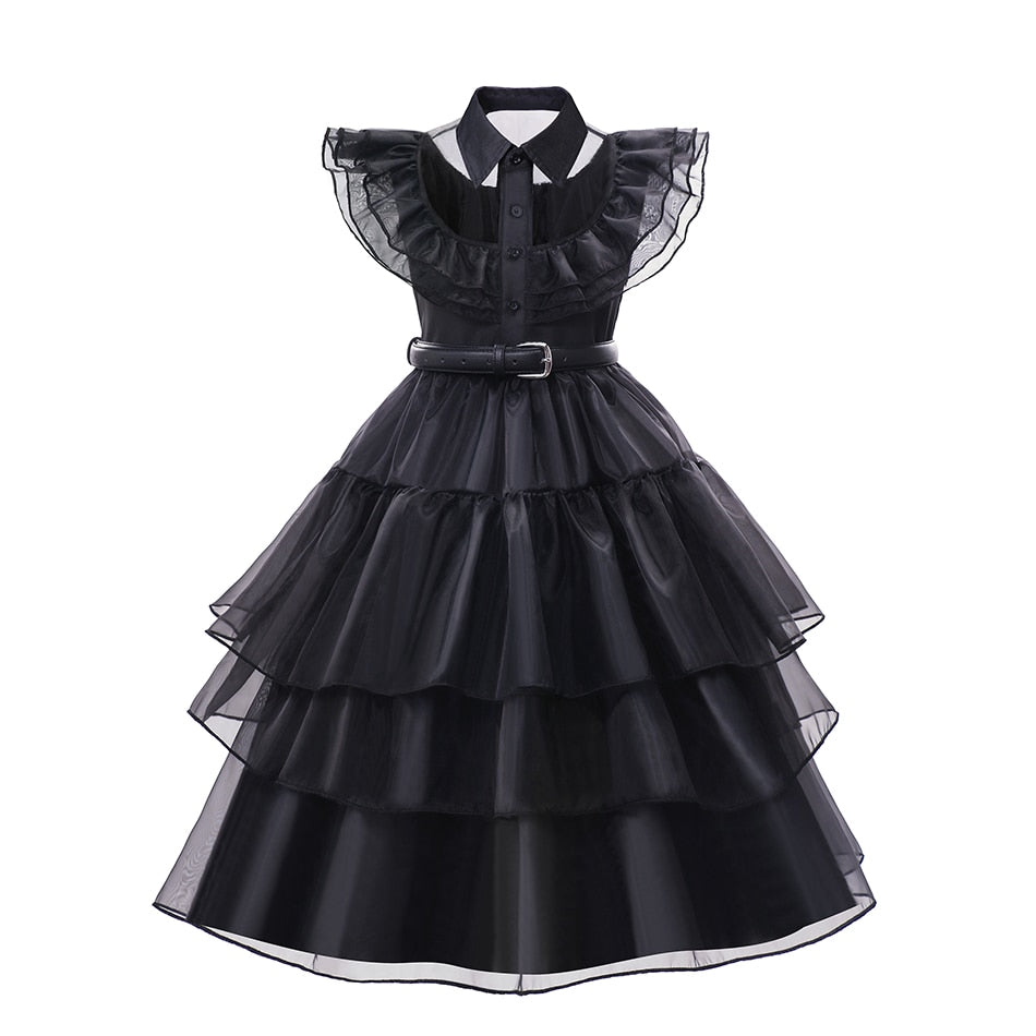 Wednesday Cosplay Princess Dress For Girls Costume 2023 Halloween Tie Tulle TuTu Dresses Black Gothic Kids Evening Party Clothes