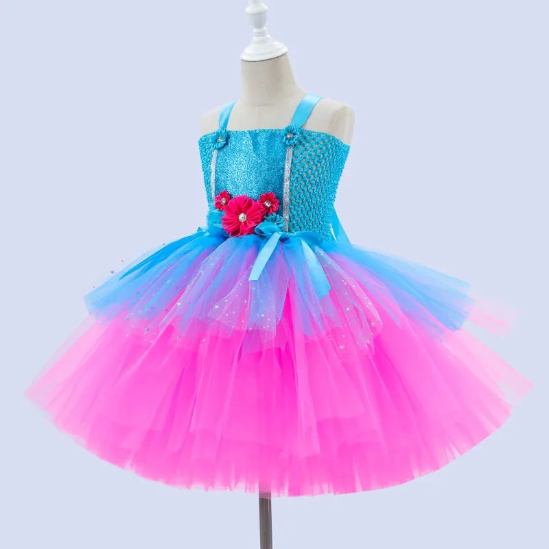 Trolls Tutu Dress for Girls Princess Poppy Birthday Costumes for Kids Magic Elves Halloween Dresses Girl Fairy Flower Outfits