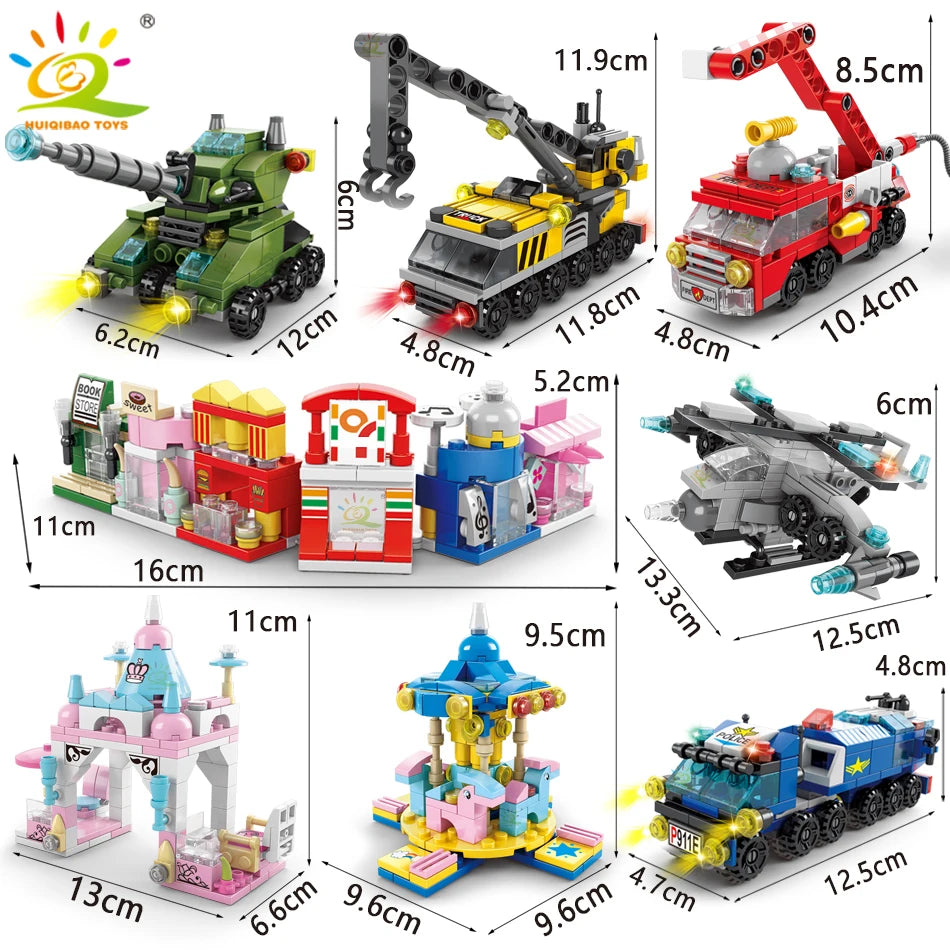 HUIQIBAO 6IN1 City Fire Car Police Truck Engineering Crane Building Blocks Tank Helicopter Bricks Set Toys for Children Kids