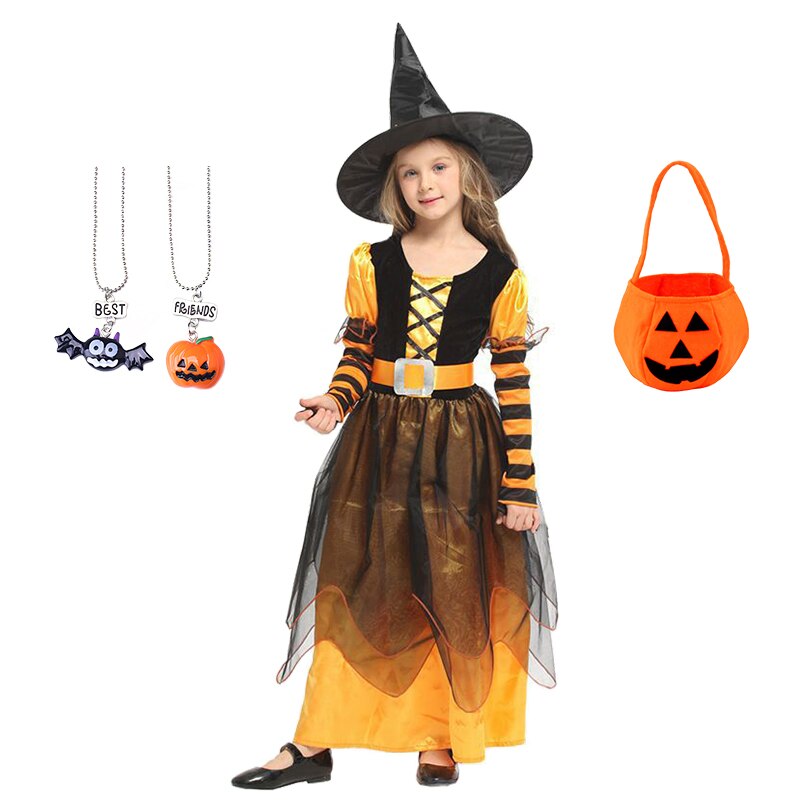 Girls Halloween Cosplay Witch Dress+Hat+belt Clothing Set