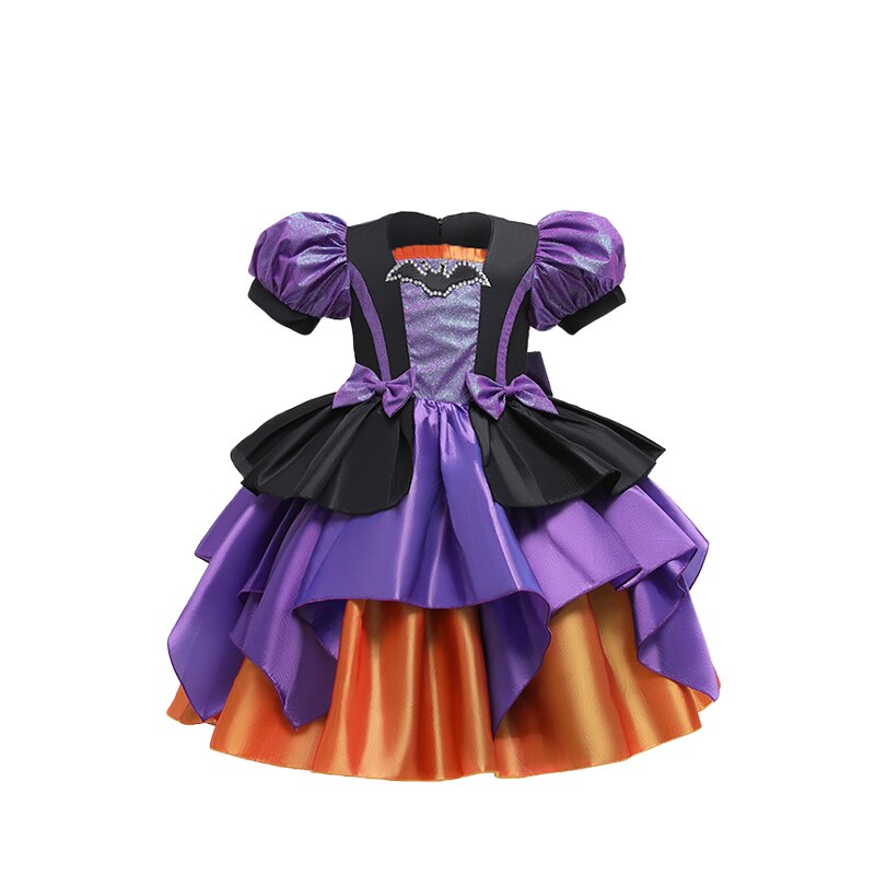 Halloween Disguised Baby Girl Pumpkin Print Witch Tiered Cocktail Dresses with Train Child Coplay Vampire Masquerade Tail Dress