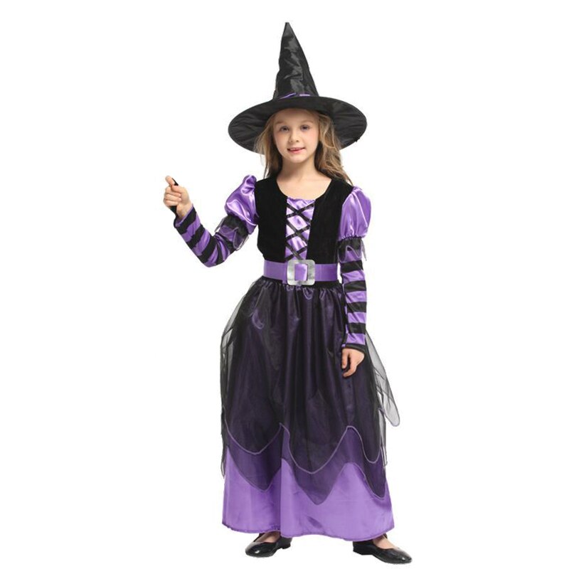 Girls Halloween Cosplay Witch Dress+Hat+belt Clothing Set