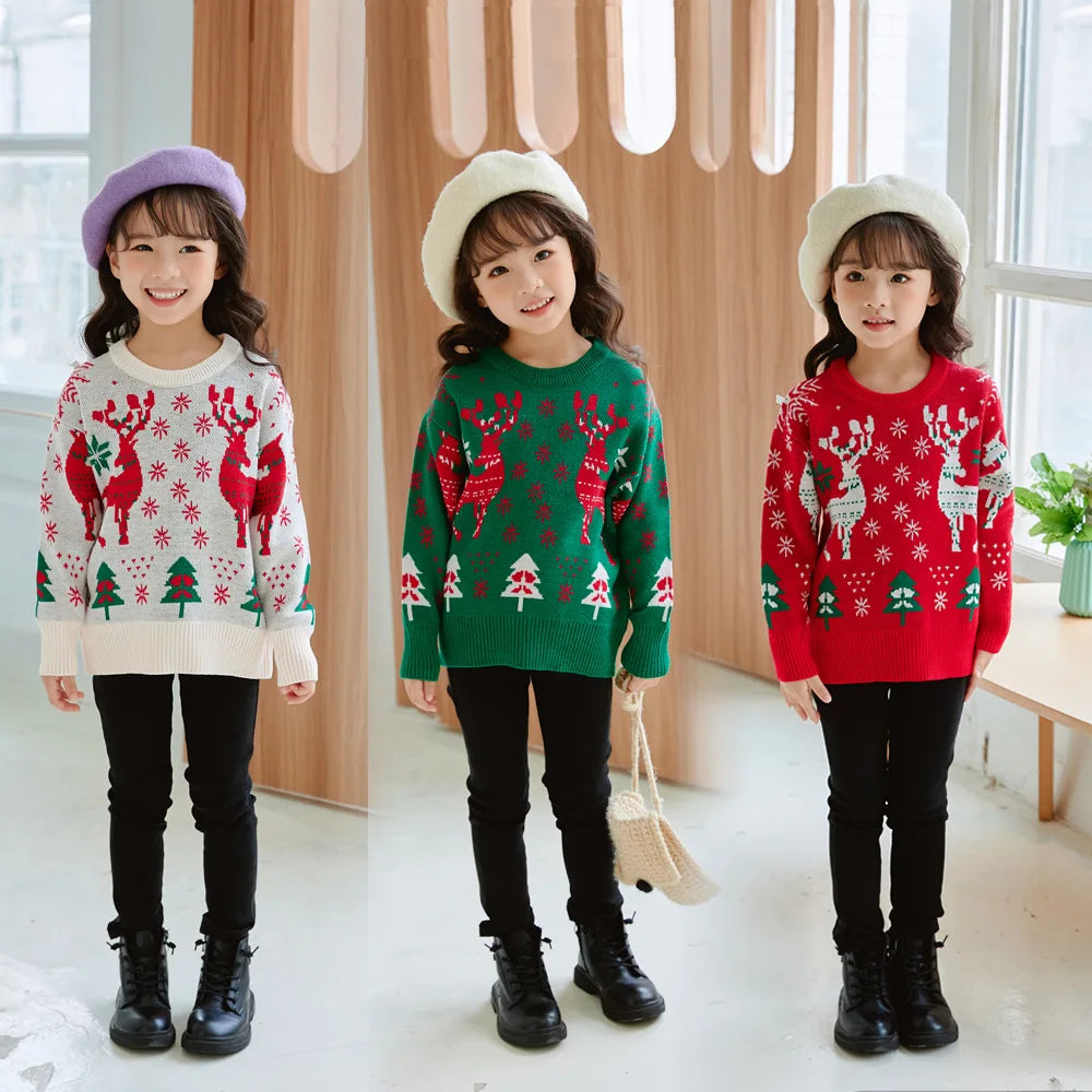 2022 Autumn Winter Christmas New Year Kids Elk Knitted Sweatshirt Korean Knitwear for girls Toddler Cute Xmas Tree Pullovers