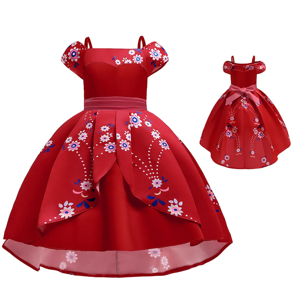 Disney Elena Princess Costume for Girl Fancy Anime Role Play Clothes Halloween Carnival Cosplay Outfit Kid Red Ruffle Long Dress