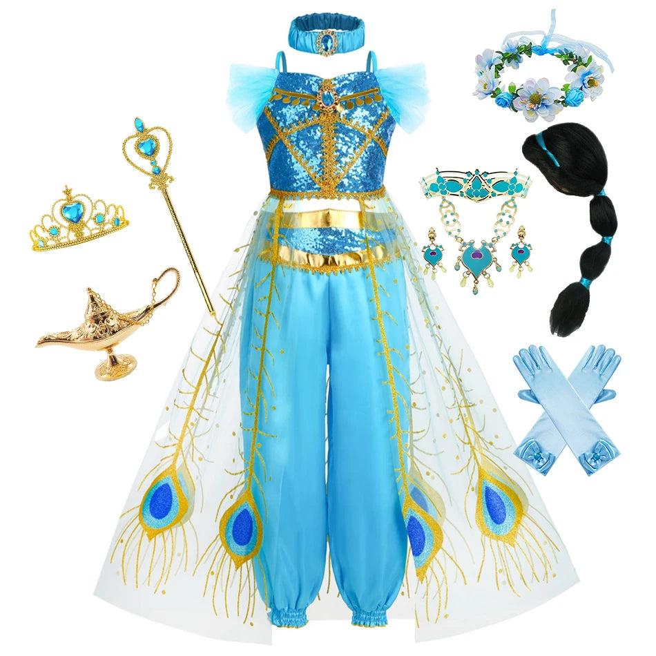 Girl Jasmine Cosplay Costume Kids Birthday Party Fancy Princess Sets Halloween Carnival Dress Up Clothes Stage Performace Outfit