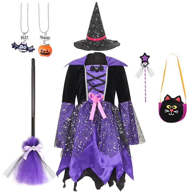 Halloween Masquerade Party Girls Purple Orange Green Witch Costume Hat Broom Props Child Carnival Stage Drama Performance Dress