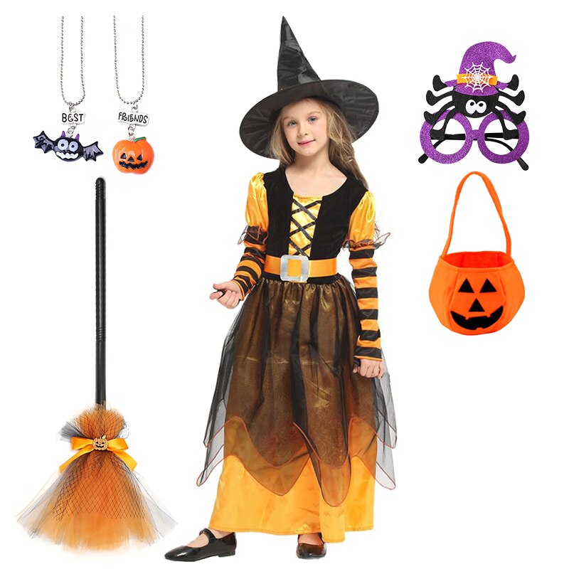 Girls Halloween Cosplay Witch Dress+Hat+belt Clothing Set