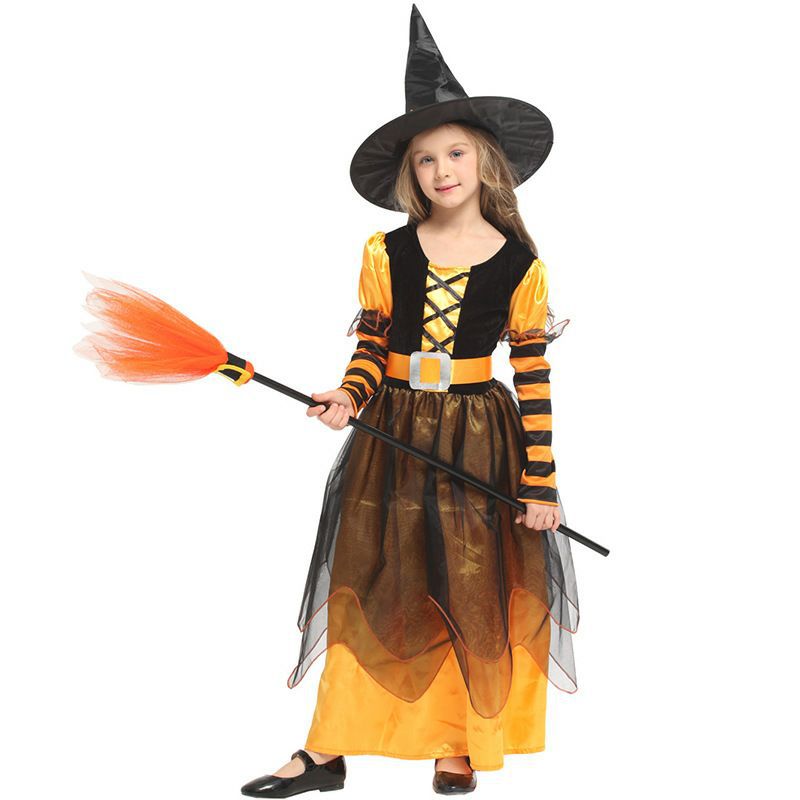 Girls Halloween Cosplay Witch Dress+Hat+belt Clothing Set