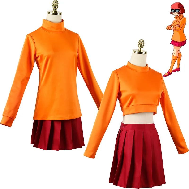 Anime Velma Seragam Cosplay Kostum Orange Short Skirt Uniform Wanita Oranye Kaus Kaki Rok Atas Halloween Party Carnival Set