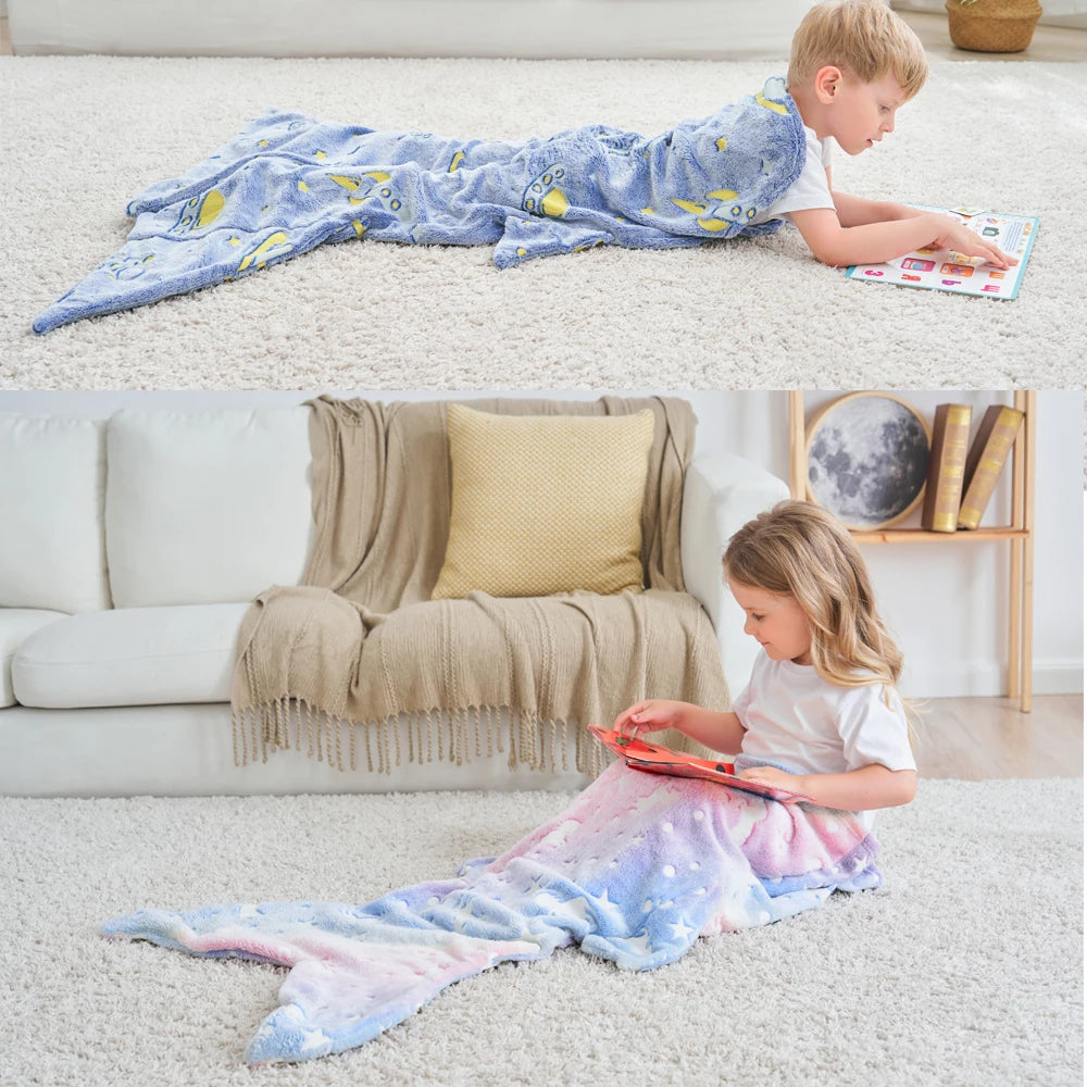 Children Cartoon Blanket Thick Mermaid Tail Baby Sleeping Bag One-Piece Warm Soft Lazy Play Sleepsack Birthday Christmas Gifts