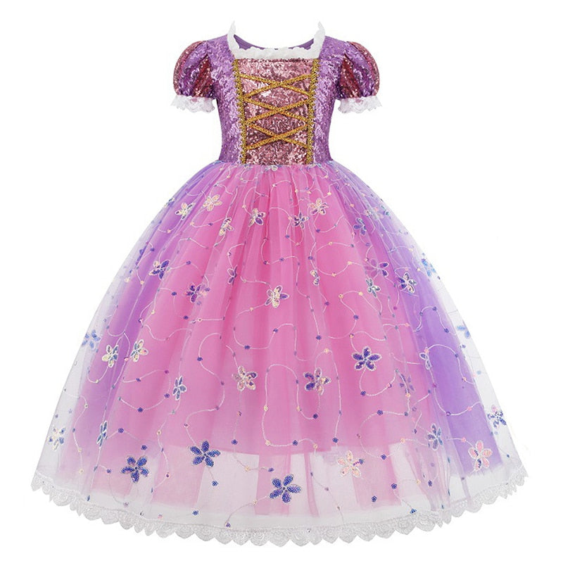 Disney Girls Cosplay Tangled Rapunzel Princess Dresses Kids Costume Fancy Purple Luxury Mesh Clothes Birthday Party Ball Gown