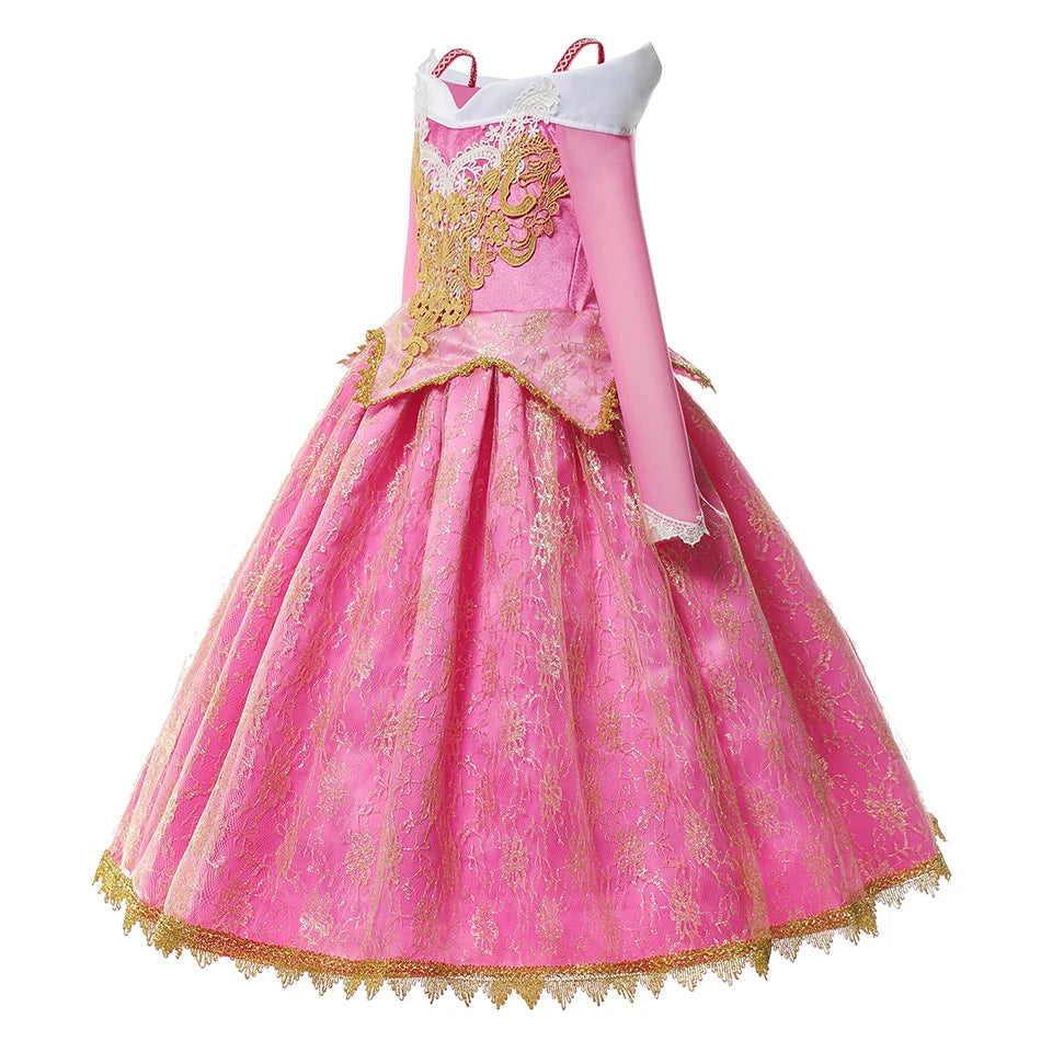 LED Girls Sleeping Beauty Cosplay Dress Aurora Princess Halloween Party Dress Kid Elegant Gown Floral Rose Print Sling Frocks