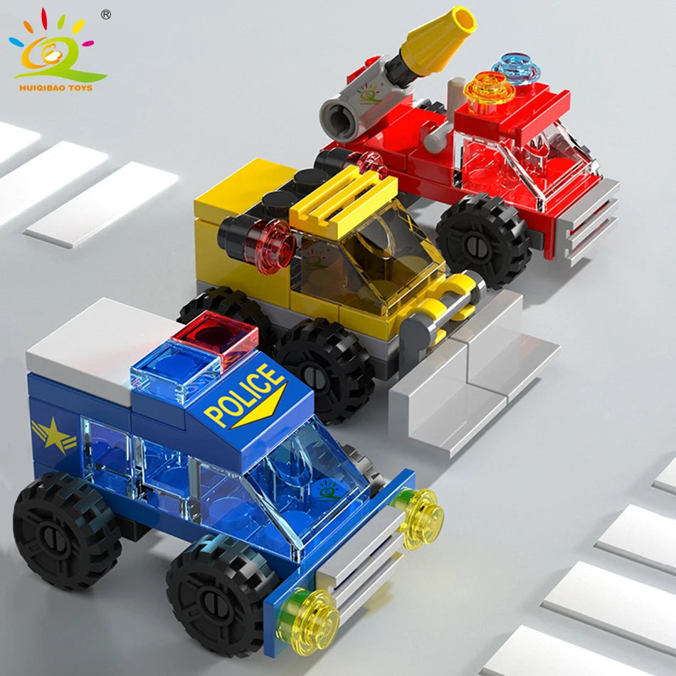 HUIQIBAO 6IN1 City Fire Car Police Truck Engineering Crane Building Blocks Tank Helicopter Bricks Set Toys for Children Kids