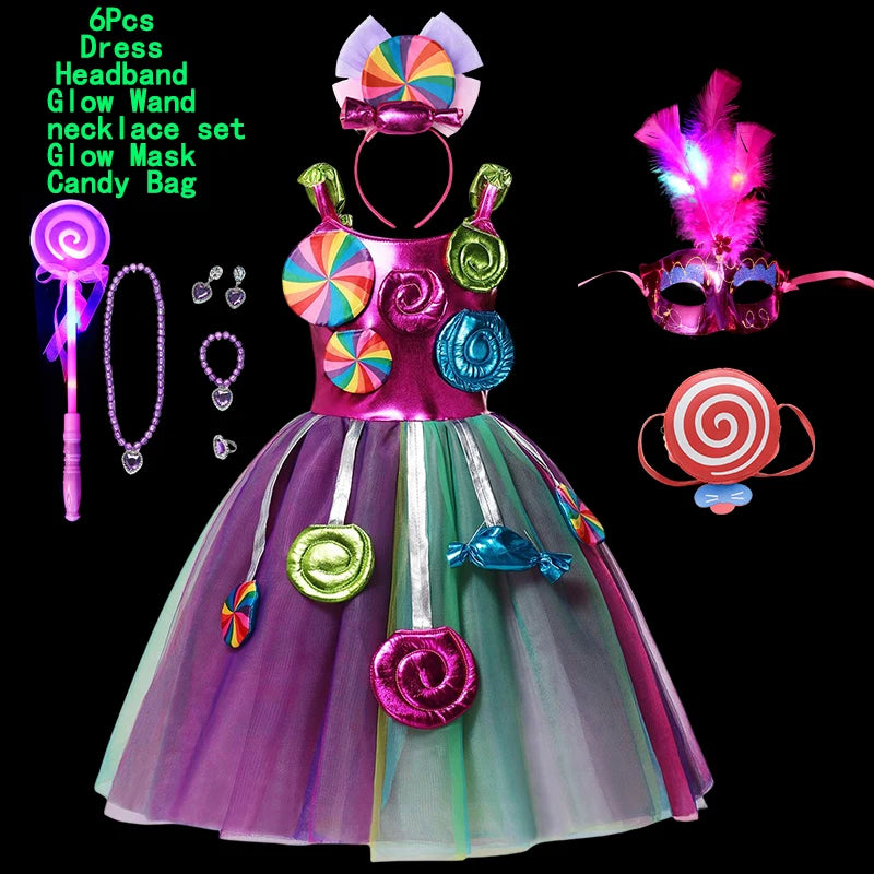 Purim 2024 Kid Disguise LED Candy Dress Lollipop for Girls Cosplay Costume Fancy Children Mesh Pink Dresses Birthday Party Gift