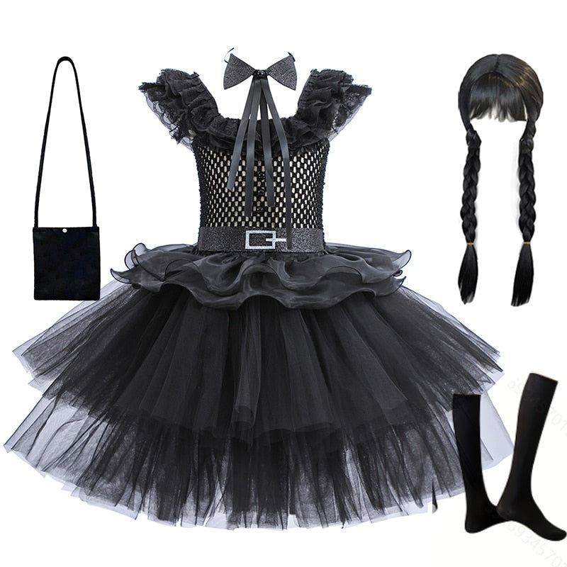 Wednesday Cosplay Princess Dress For Girls Costume 2023 Halloween Tie Tulle TuTu Dresses Black Gothic Kids Evening Party Clothes