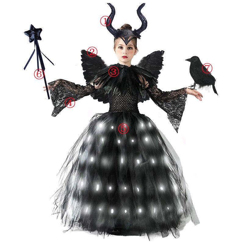 Disney Halloween Costume for Kids LED Light up Maleficent Tutu Dress For Girls Cosplay Evil Queen Black Mesh Princess Dress